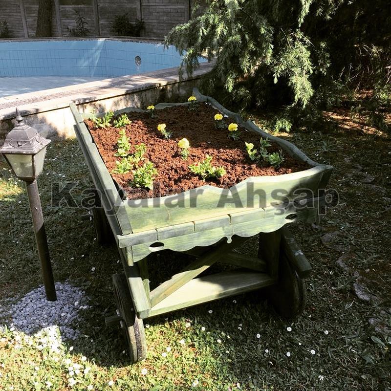 AS-124 Ahşap At Arabası Saksı | Tekerlekli Dekoratif Bahçe Saksısı
